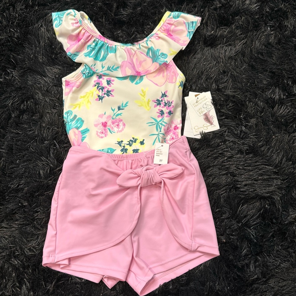 💜🌟 Jessica Simpson: Little Girls 2T One-Piece Swimsuit & Swim Shorts Set 💜🌟